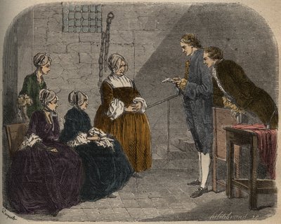 Madame Calas, avec ses deux filles, écoute le verdict du procès de son mari, Jean, illustration de Causes célèbres de tous les peuples, par Armand Fouquier, 1858-67 - French School